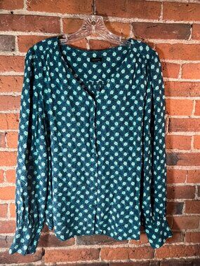Talbots Ditsy Floral Print Blouse Long Sleeve Button Front Teal Size XL